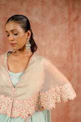 Peach and mint cape and pant saree set